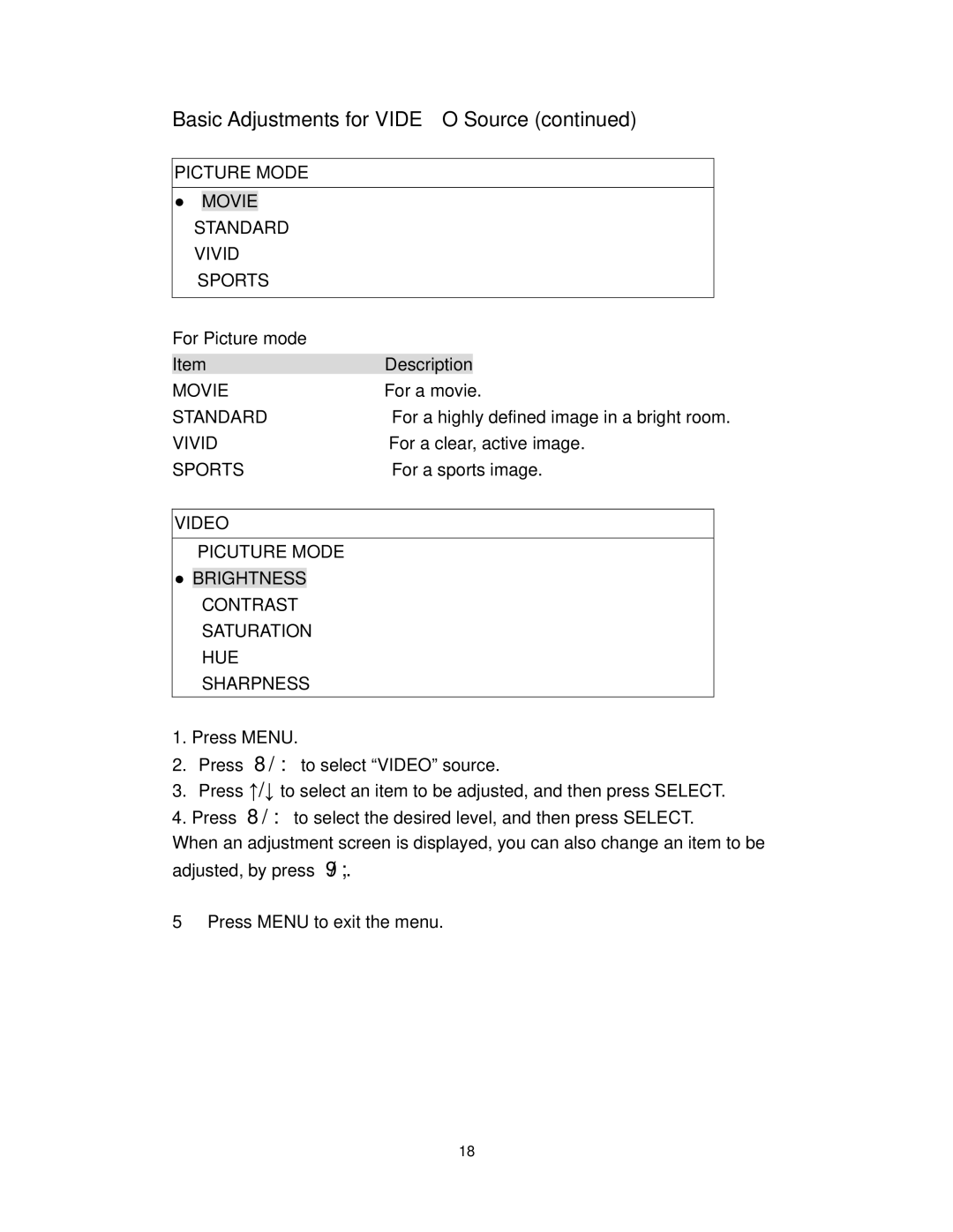 Polaroid PLA-4255BD operation manual Picture Mode, For Picture mode, Video 