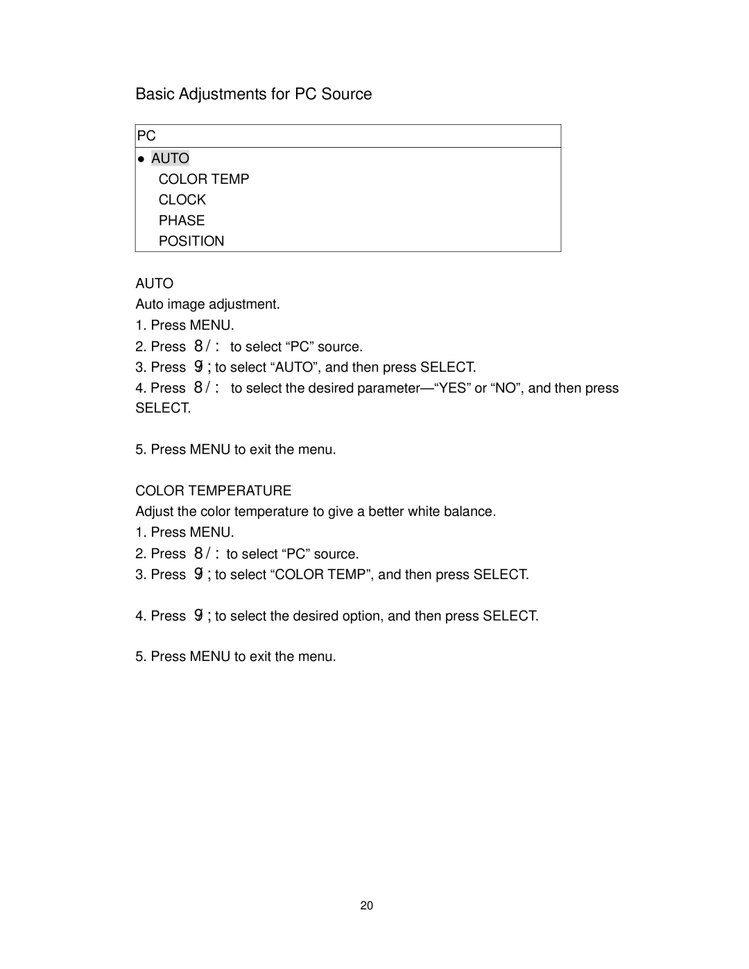 Polaroid PLA-4255BD operation manual Basic Adjustments for PC Source, Auto, Select, Color Temperature 