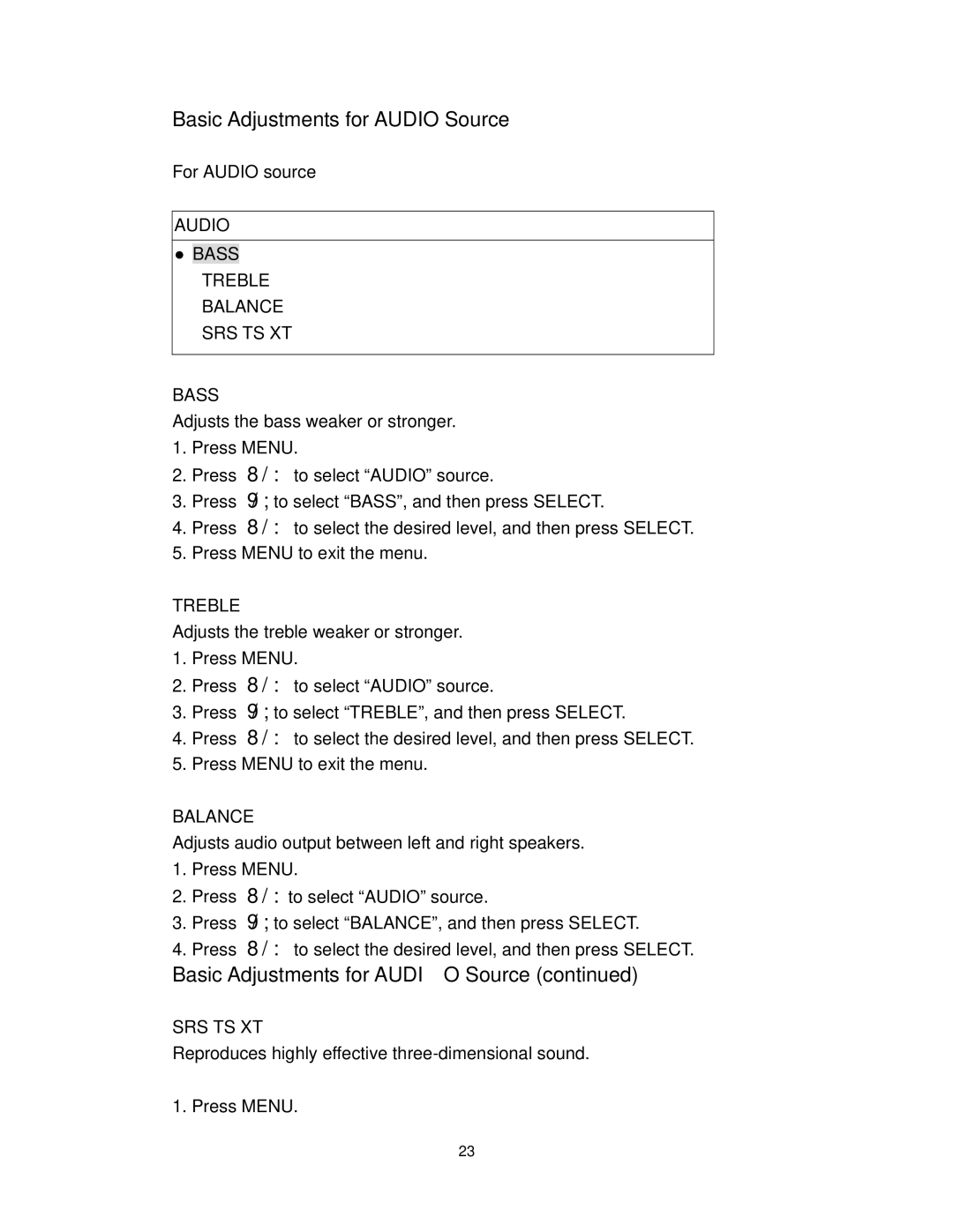 Polaroid PLA-4255BD operation manual Basic Adjustments for Audio Source 