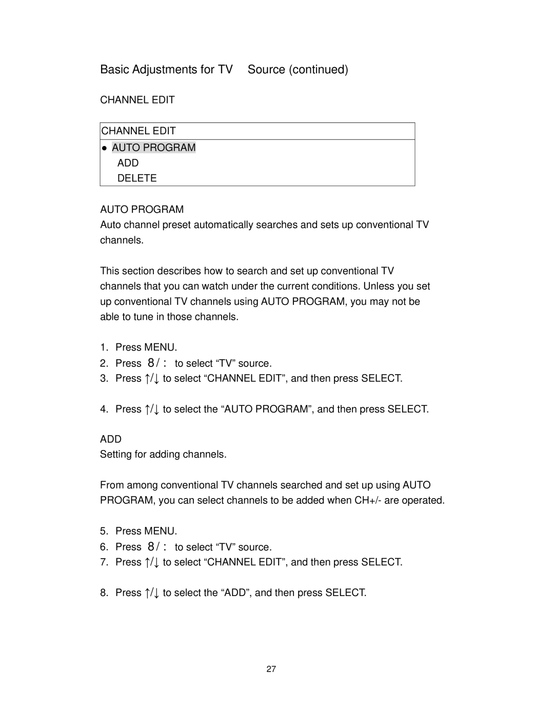 Polaroid PLA-4255BD operation manual Channel Edit, Auto Program, Add 