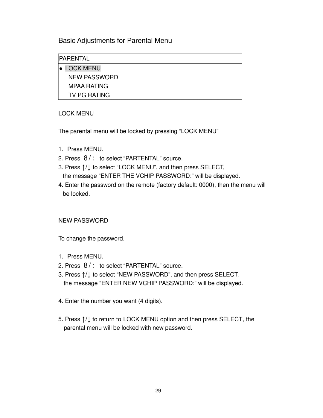 Polaroid PLA-4255BD operation manual Basic Adjustments for Parental Menu, Lock Menu, NEW Password 