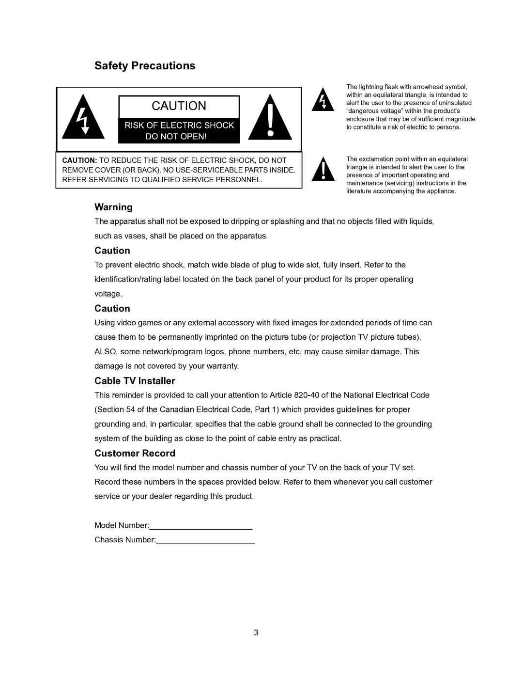 Polaroid PLA-4255BD operation manual Safety Precautions, Cable TV Installer, Customer Record 