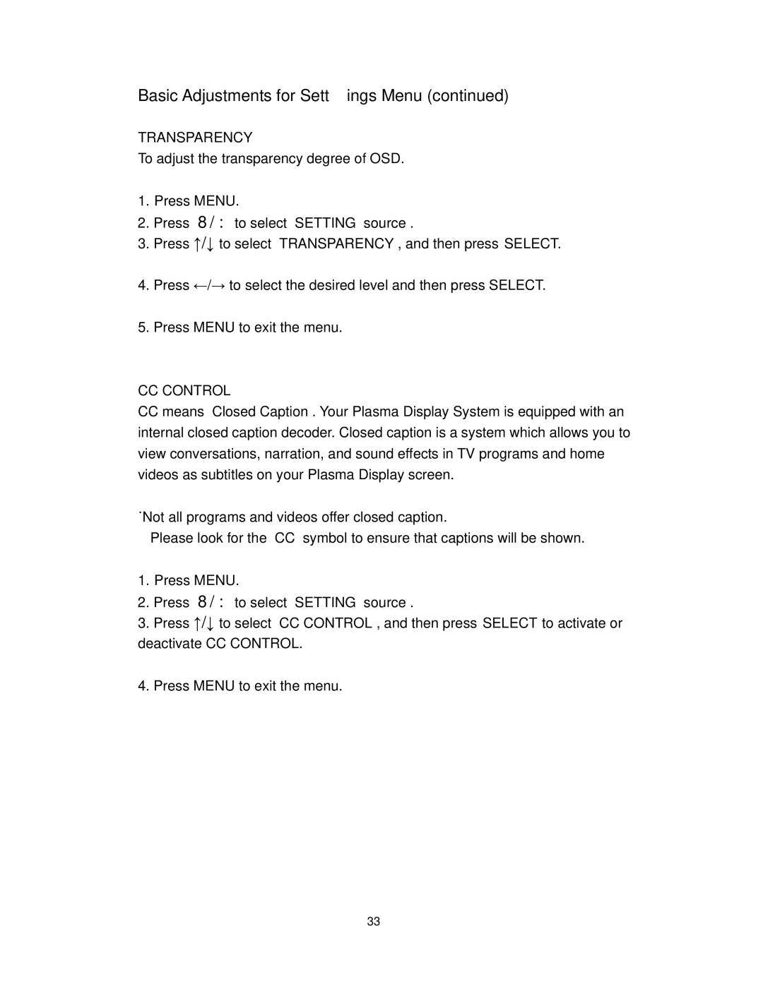 Polaroid PLA-4255BD operation manual Basic Adjustments for Settings Menu, Transparency, CC Control 