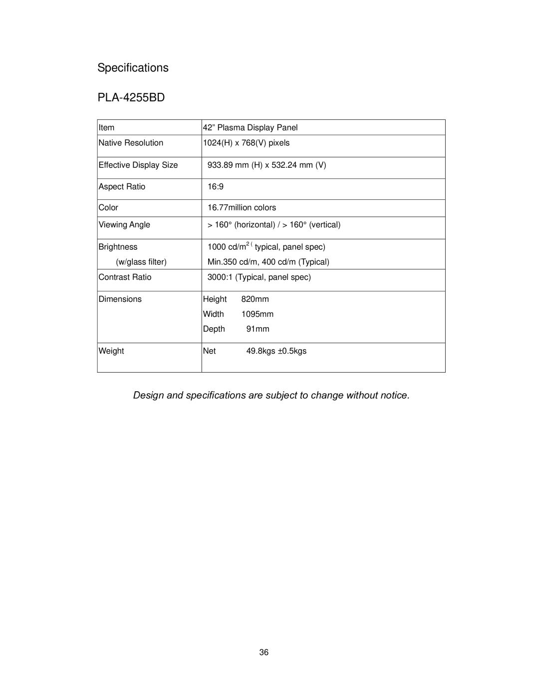 Polaroid operation manual Specifications PLA-4255BD 