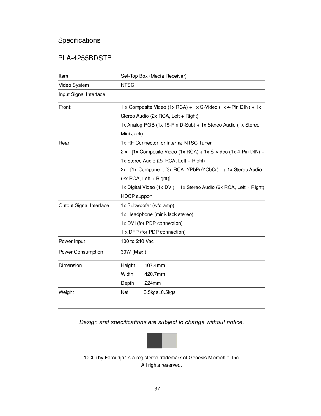 Polaroid operation manual Specifications, PLA-4255BDSTB 