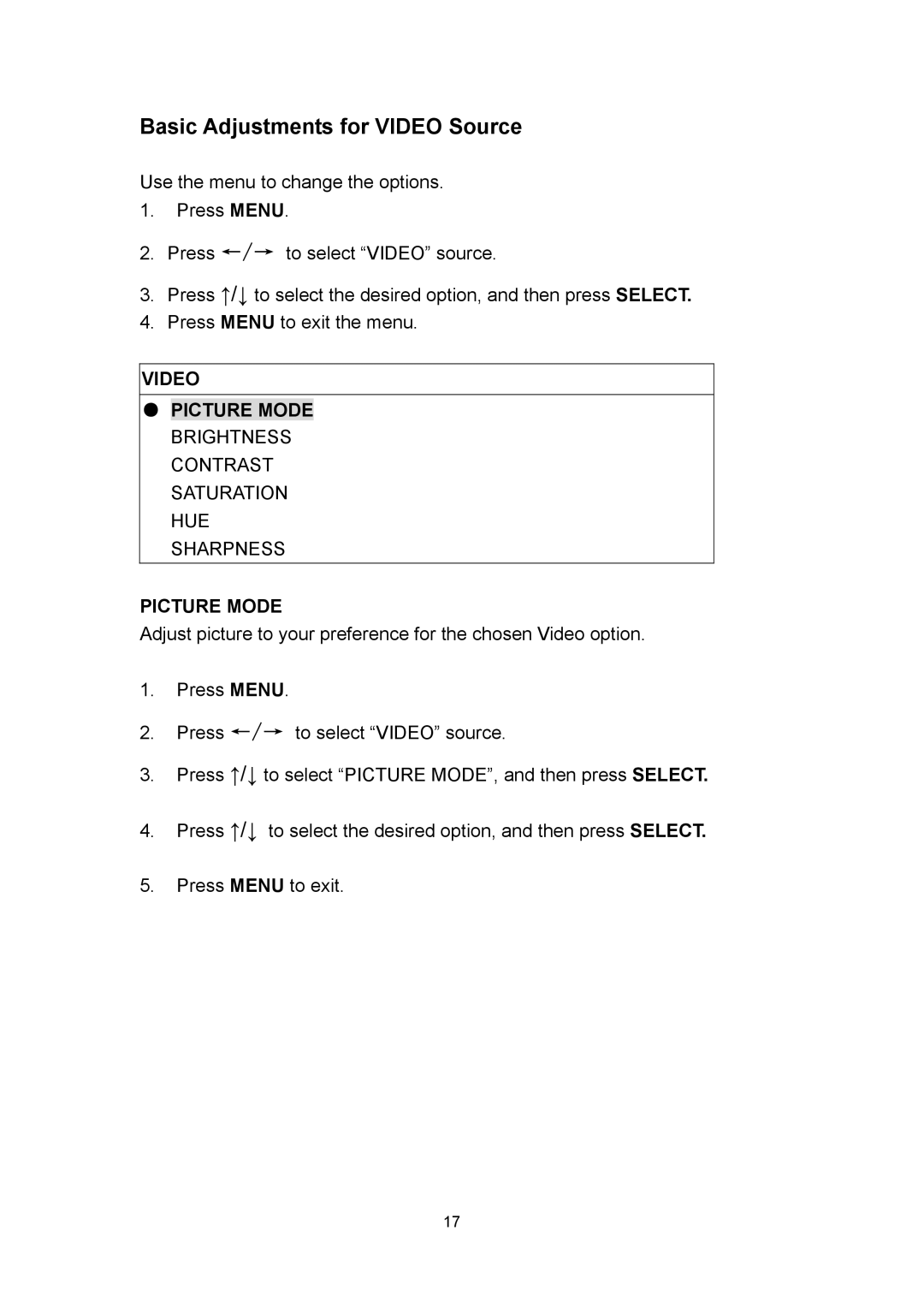 Polaroid PLA 4260 operation manual Basic Adjustments for Video Source, Picture Mode 