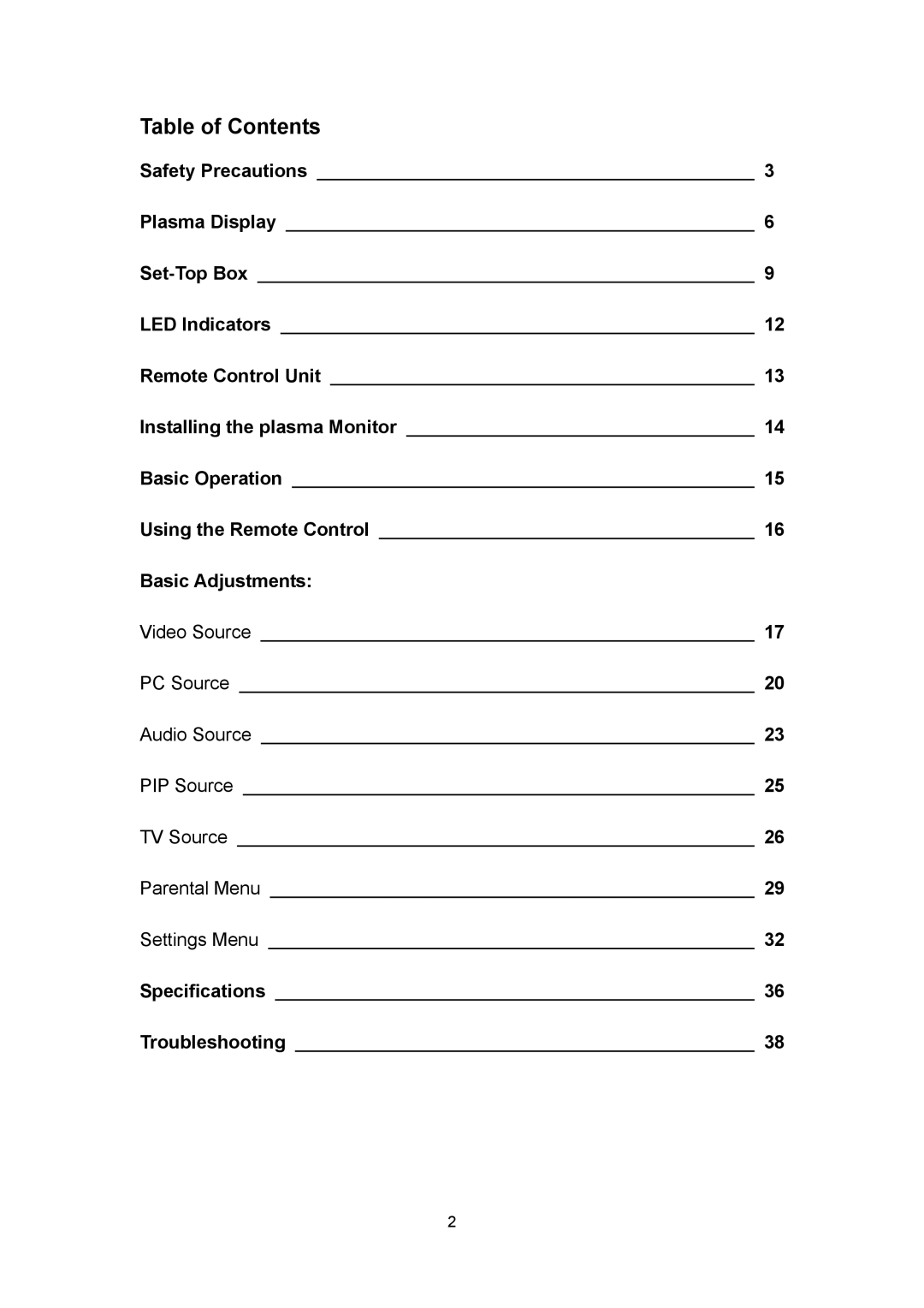 Polaroid PLA 4260 operation manual Table of Contents 