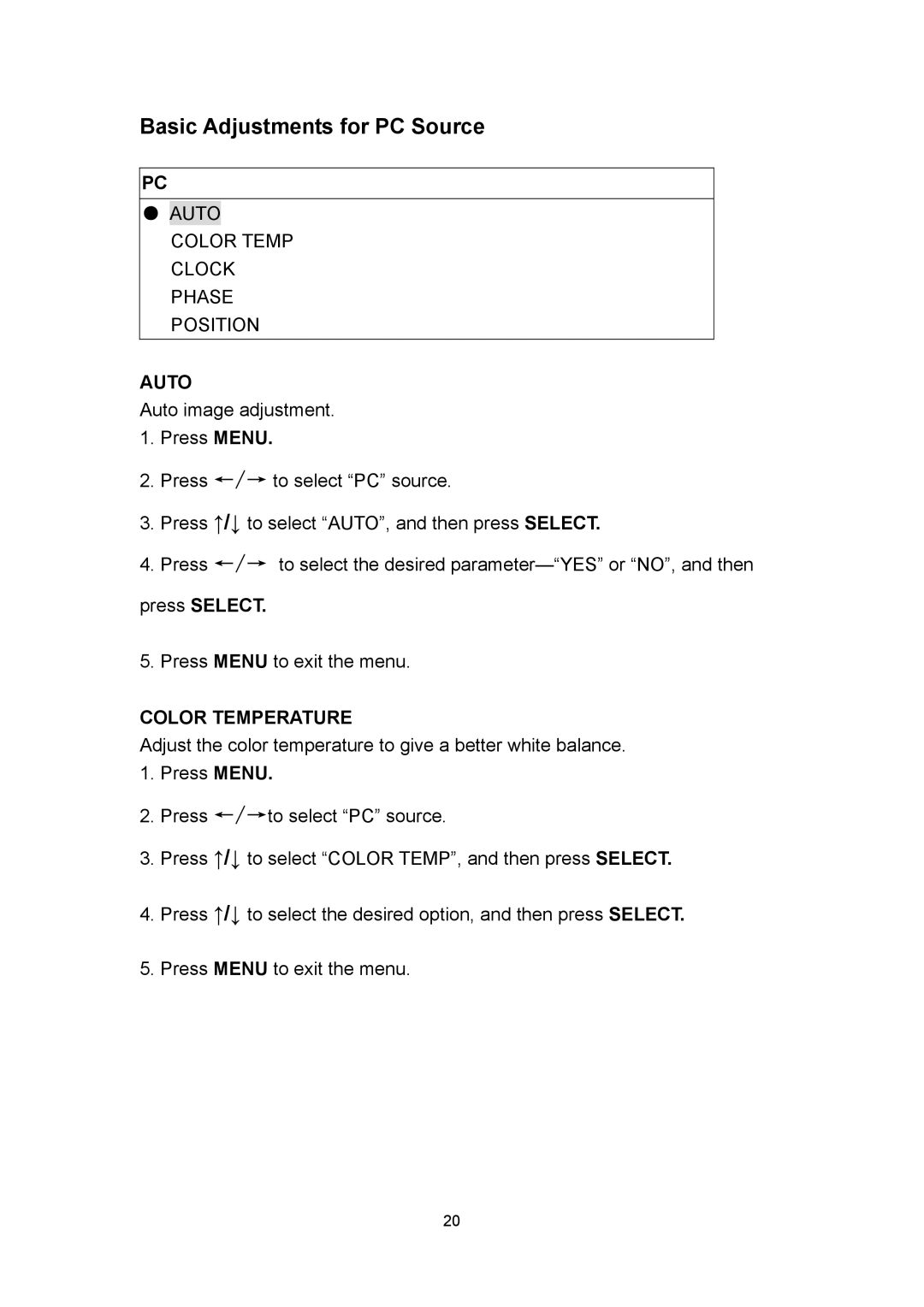 Polaroid PLA 4260 operation manual Basic Adjustments for PC Source, Auto 