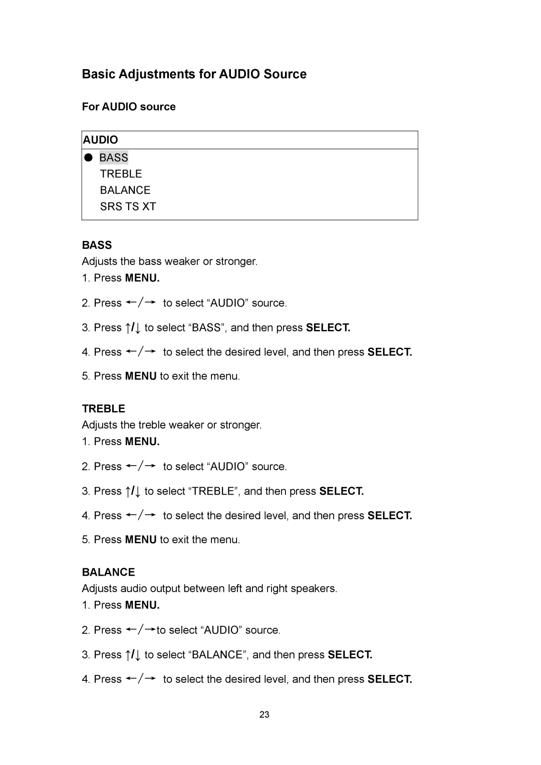 Polaroid PLA 4260 operation manual Basic Adjustments for Audio Source, Bass, Treble, Balance 