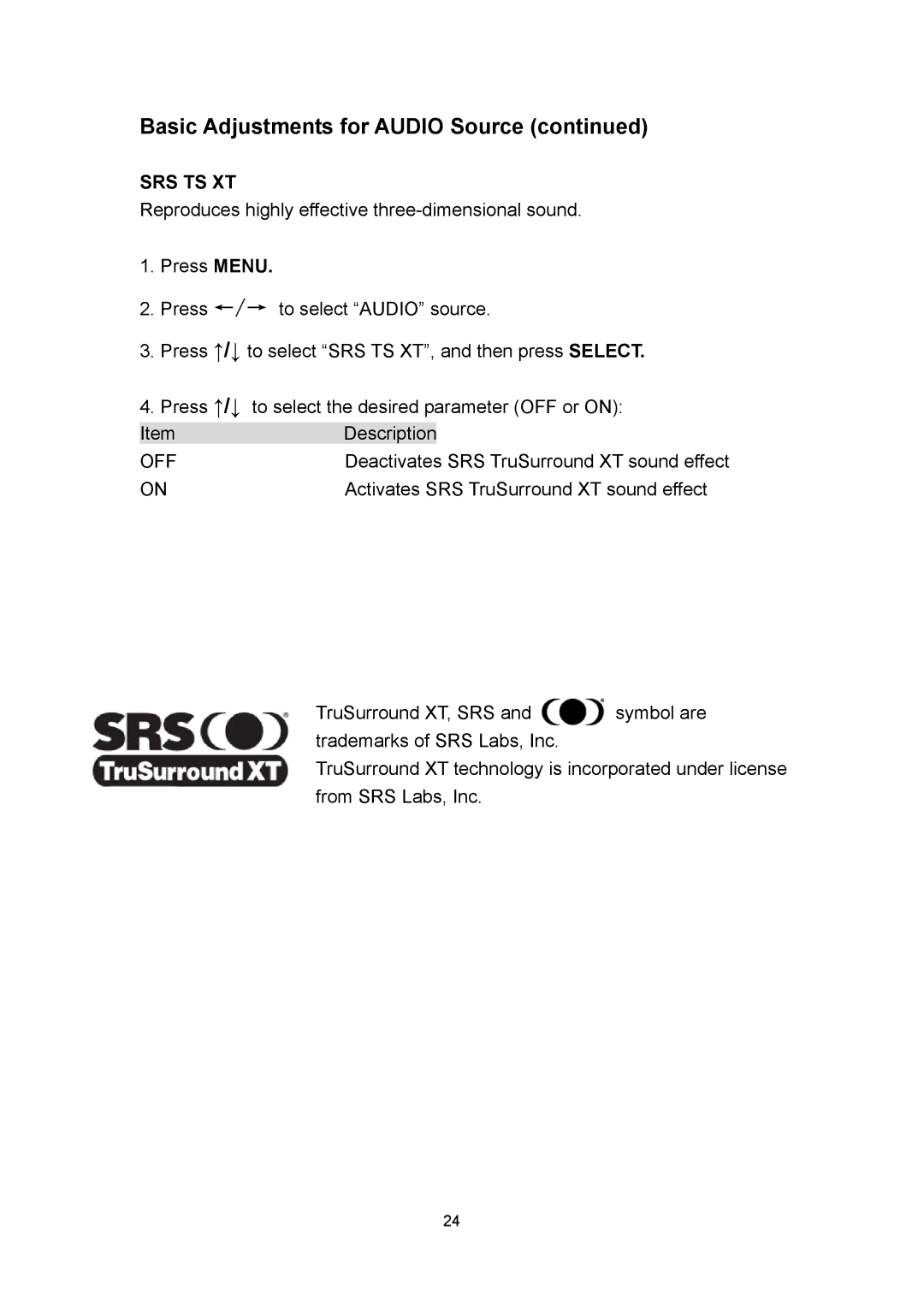 Polaroid PLA 4260 operation manual Srs Ts Xt, Off 