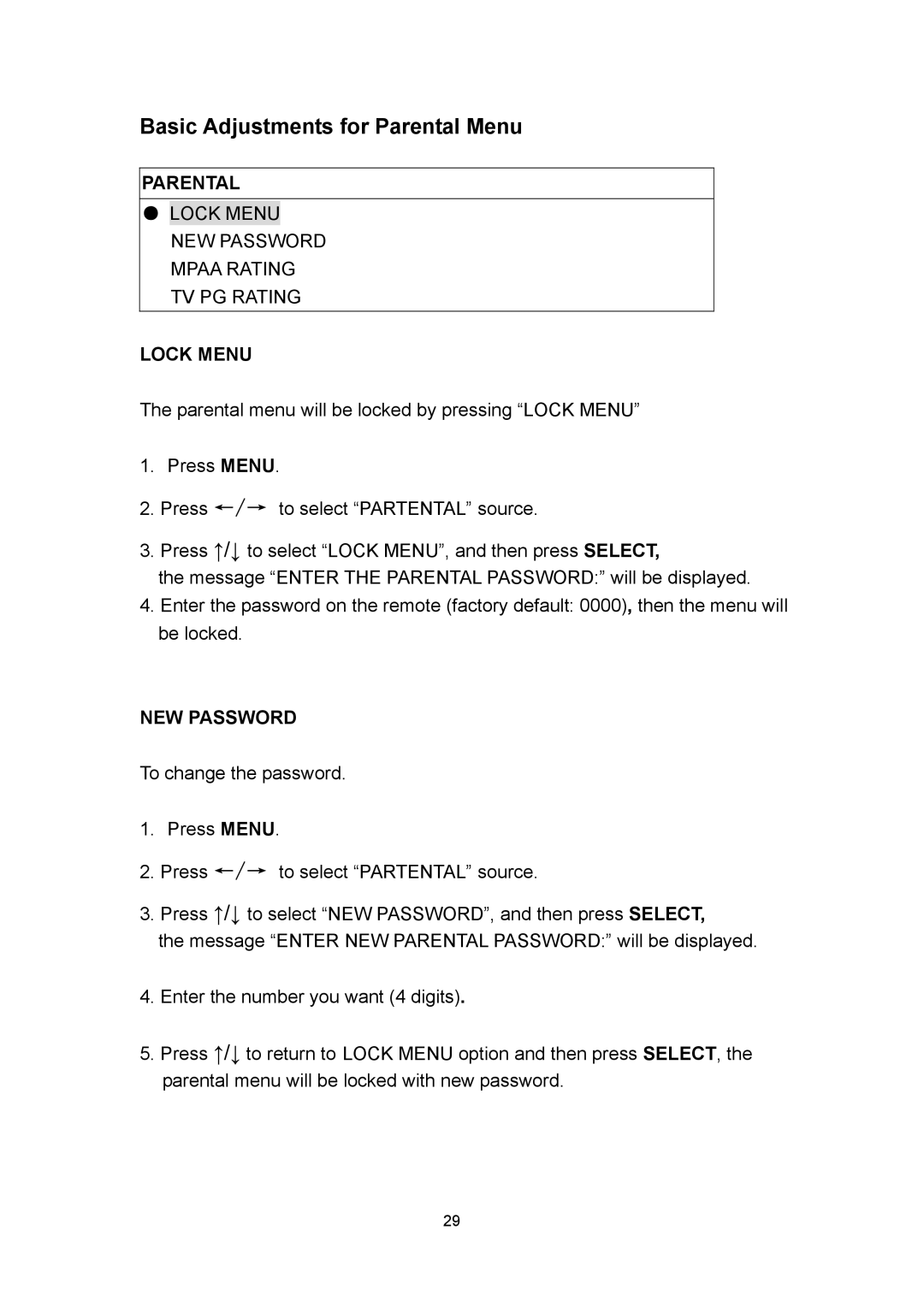 Polaroid PLA 4260 operation manual Basic Adjustments for Parental Menu, Lock Menu, NEW Password 