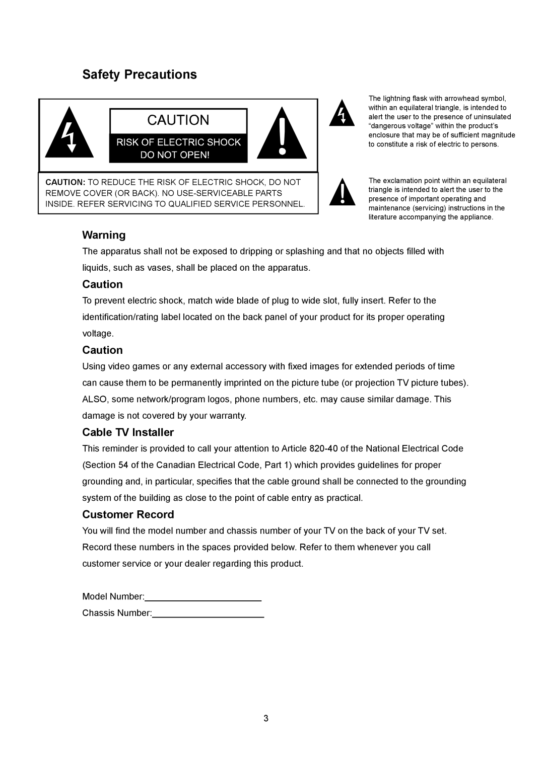 Polaroid PLA 4260 operation manual Safety Precautions, Cable TV Installer, Customer Record 