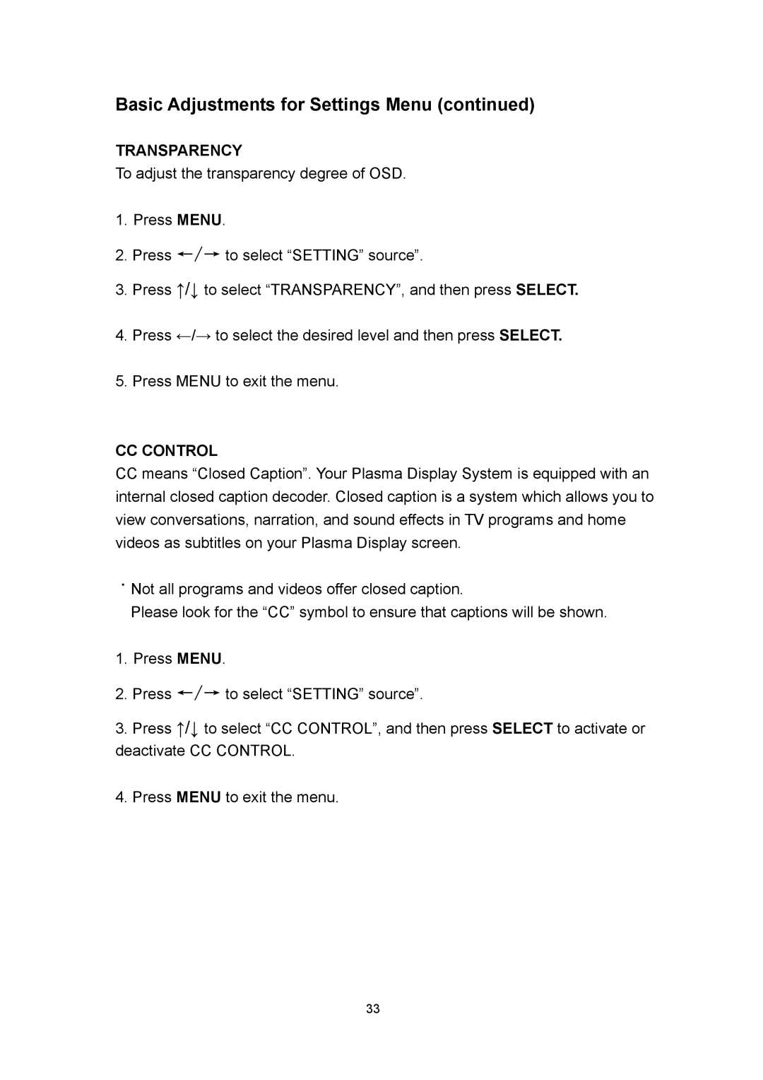 Polaroid PLA 4260 operation manual Basic Adjustments for Settings Menu, Transparency, CC Control 