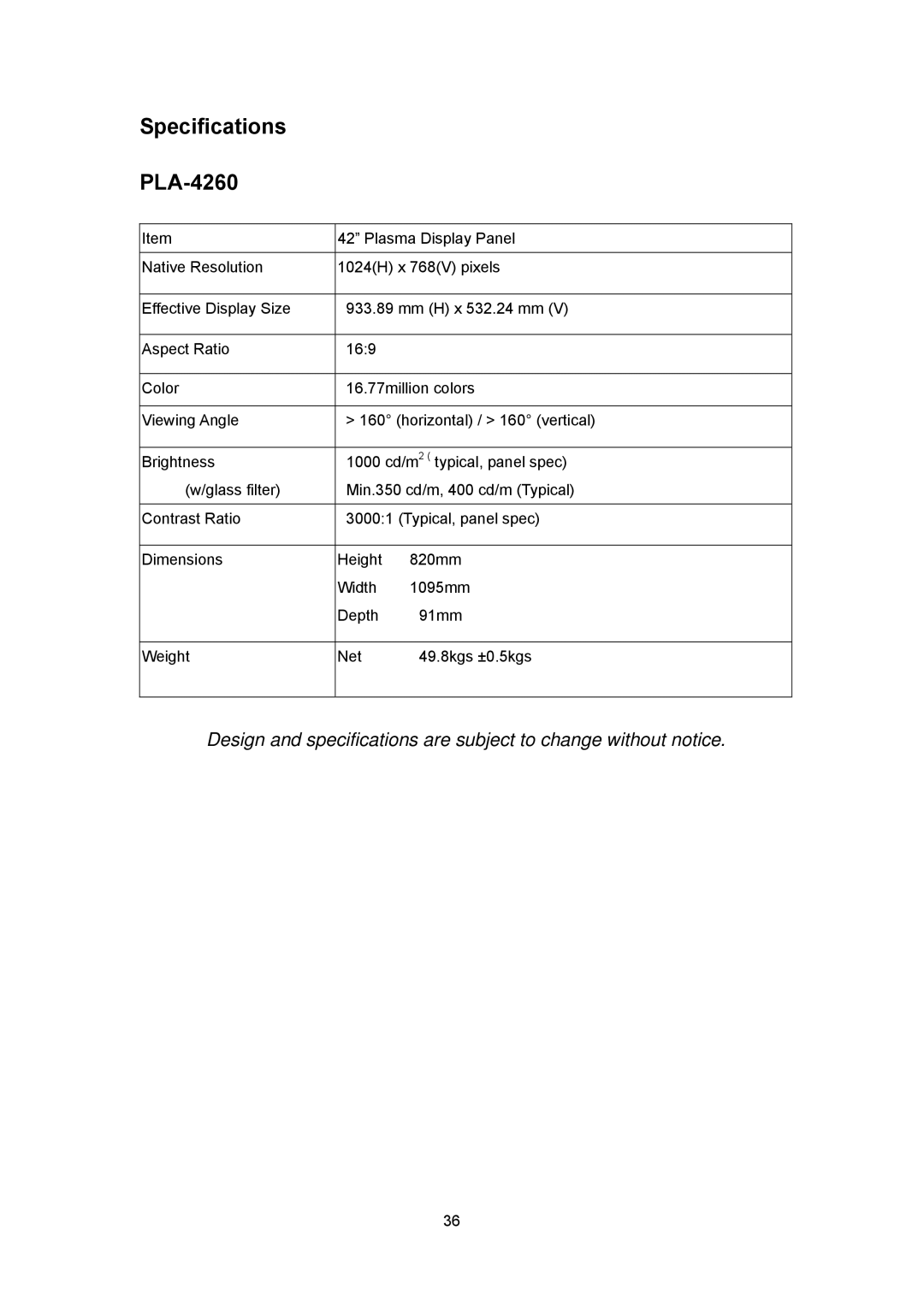 Polaroid PLA 4260 operation manual Specifications PLA-4260 