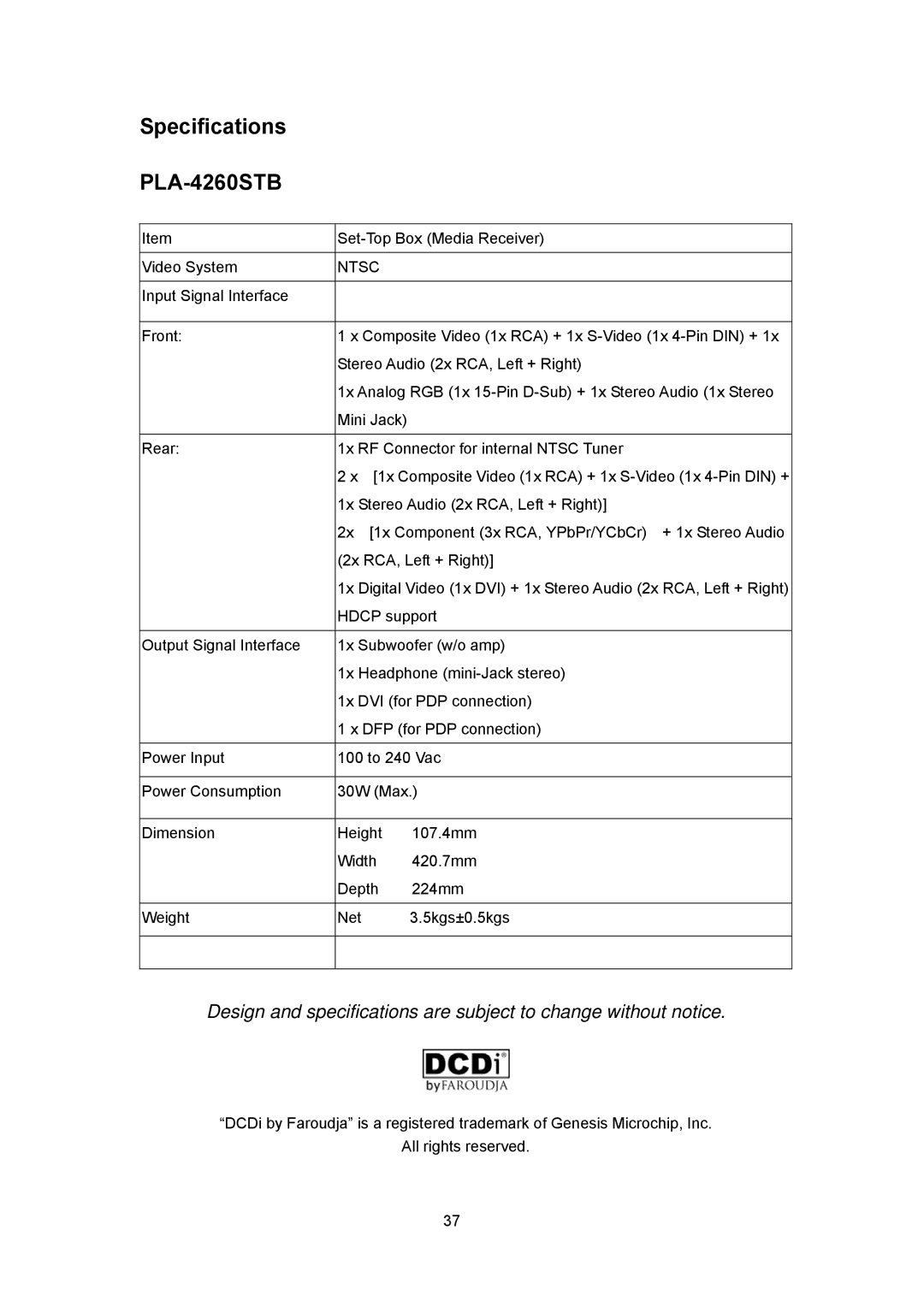 Polaroid PLA 4260 operation manual Specifications, PLA-4260STB 