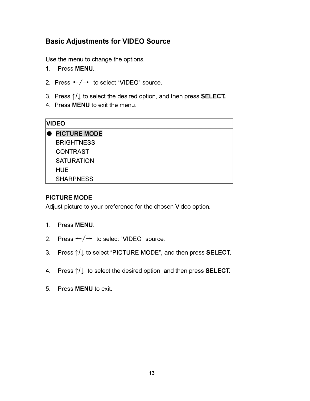 Polaroid PLA-4260MTR operation manual Basic Adjustments for Video Source 