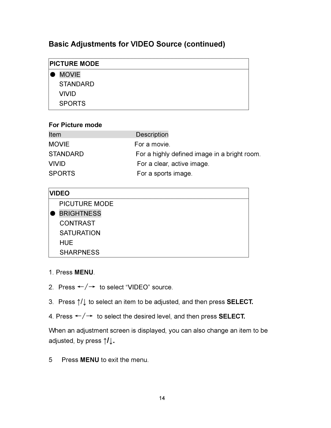 Polaroid PLA-4260MTR operation manual Picture Mode, For Picture mode, Video 