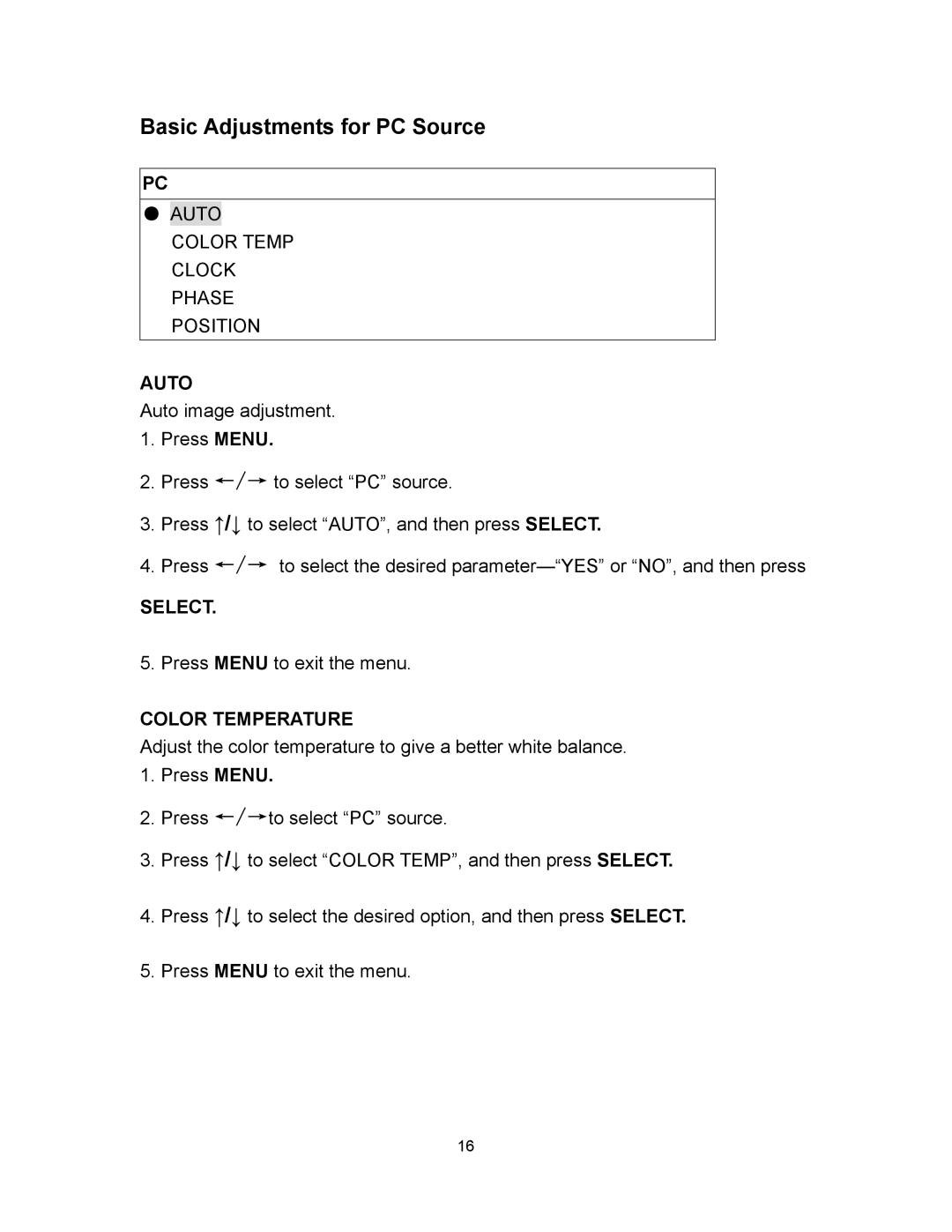 Polaroid PLA-4260MTR operation manual Basic Adjustments for PC Source, Auto 