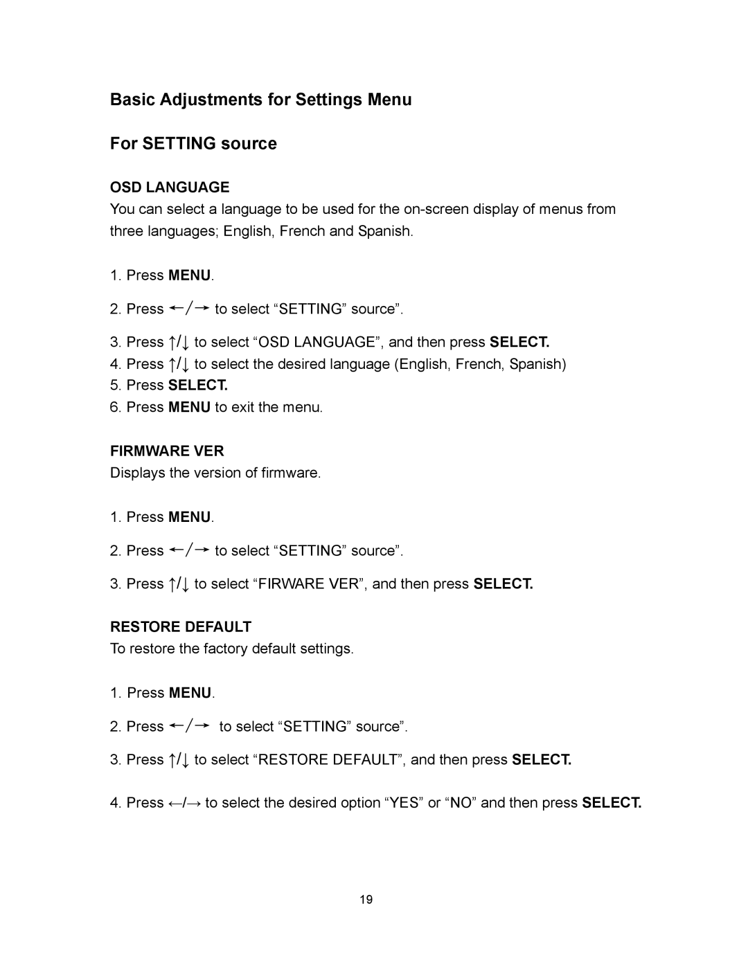 Polaroid PLA-4260MTR Basic Adjustments for Settings Menu For Setting source, OSD Language, Press Select, Firmware VER 