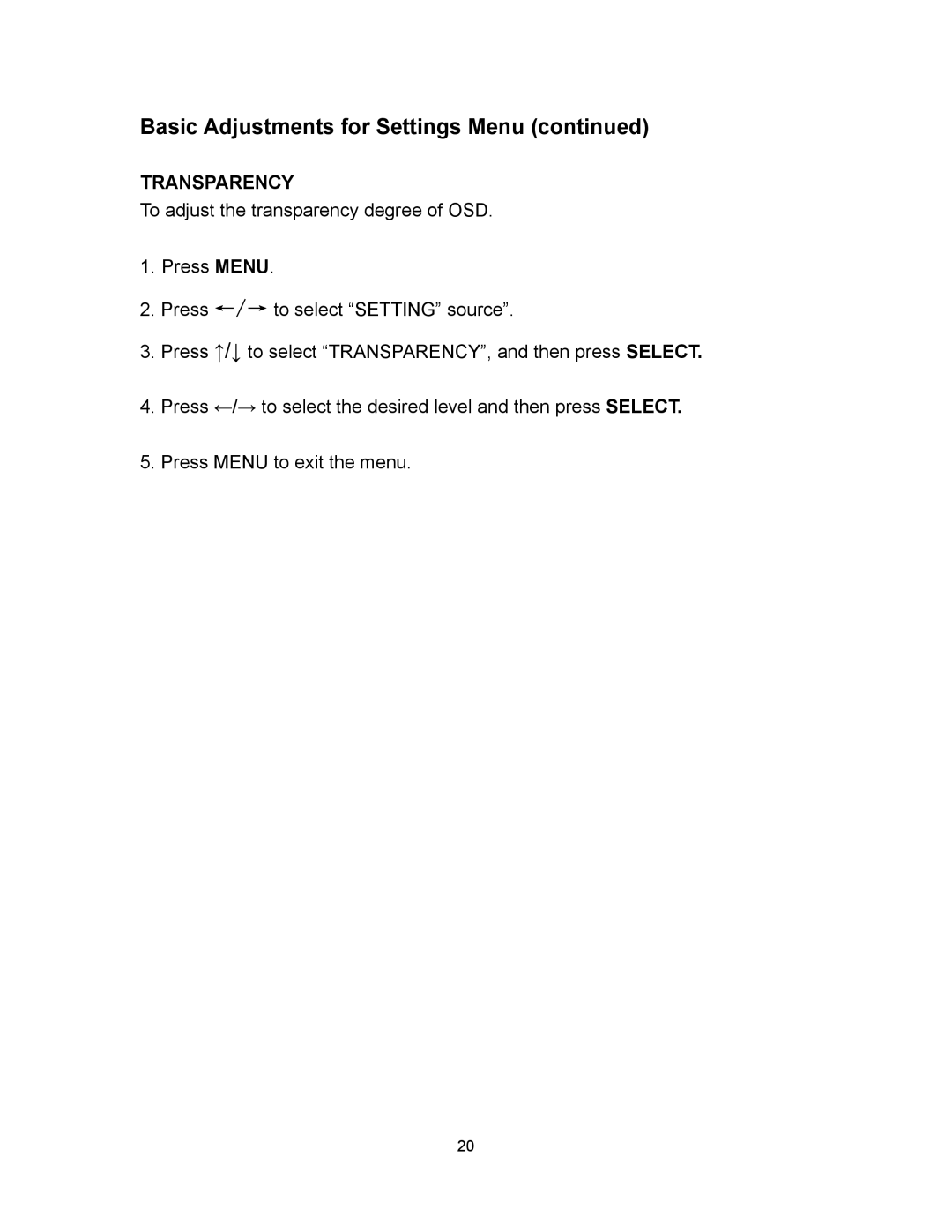 Polaroid PLA-4260MTR operation manual Basic Adjustments for Settings Menu, Transparency 