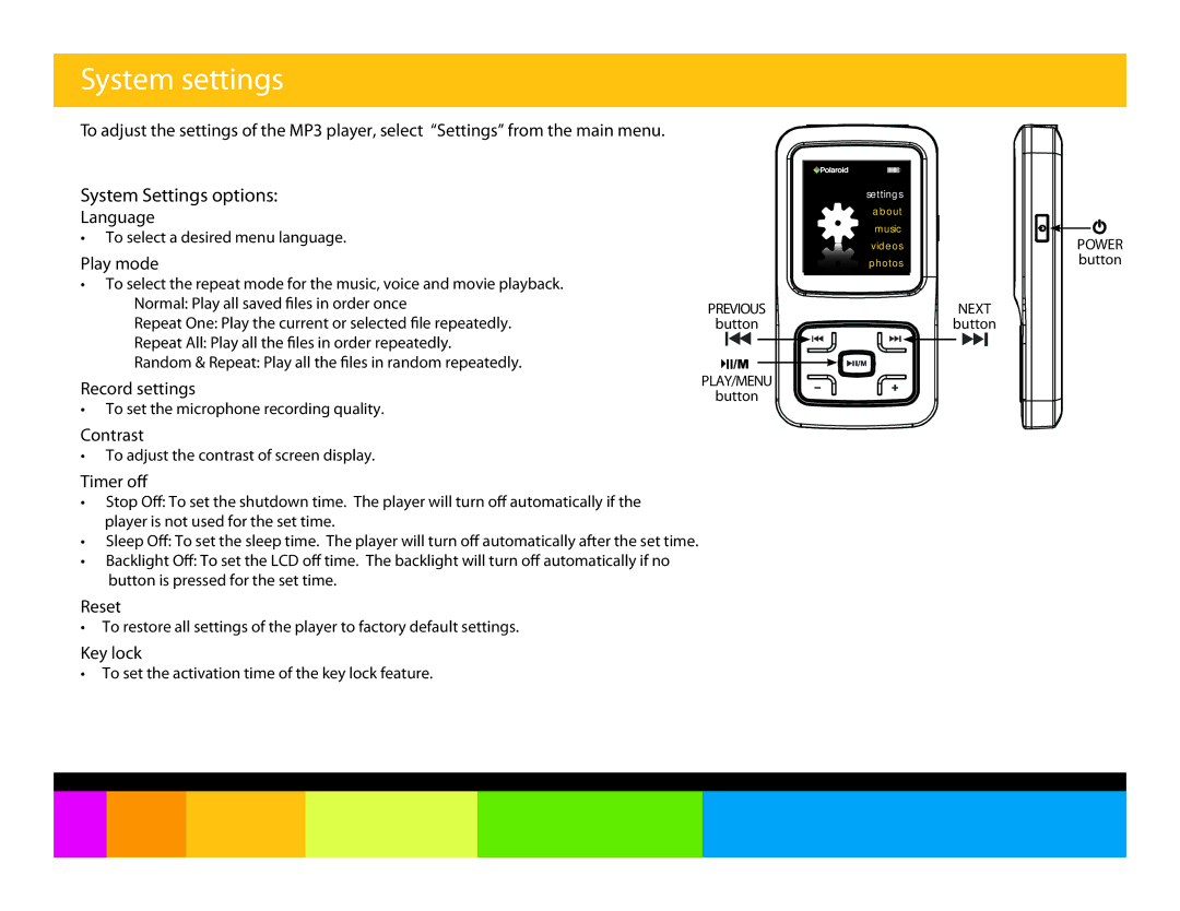 Polaroid PMP151, PMP150 manual System settings, System Settings options 