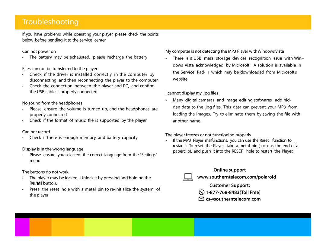 Polaroid PMP150, PMP151 manual Troubleshooting, Files can not be transferred to the player 