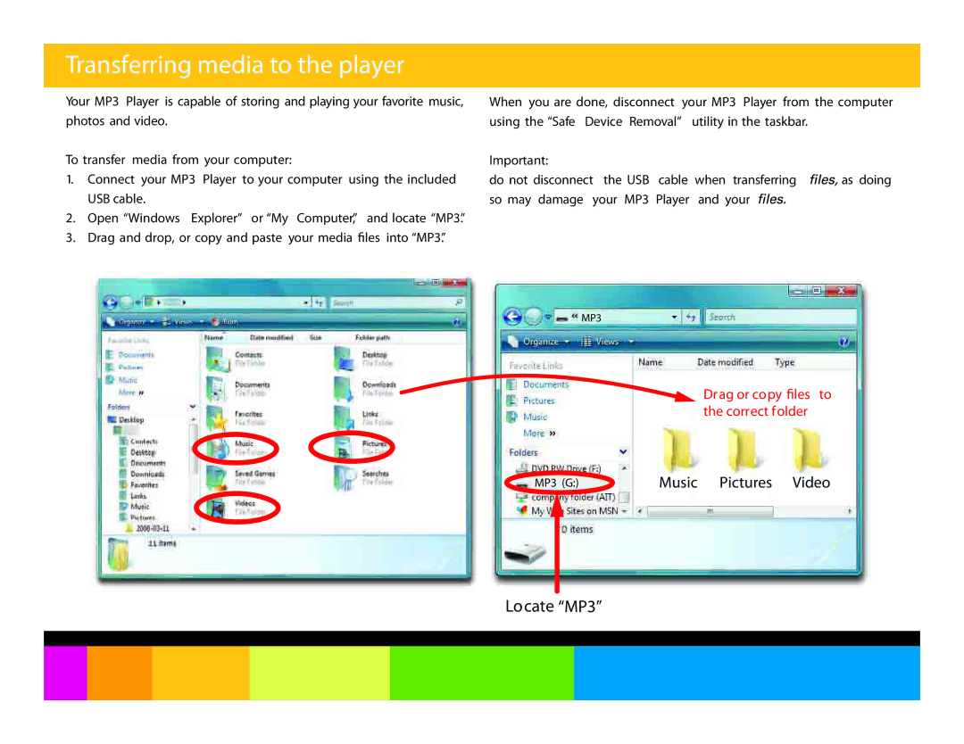 Polaroid PMP150, PMP151 manual Transferring media to the player 