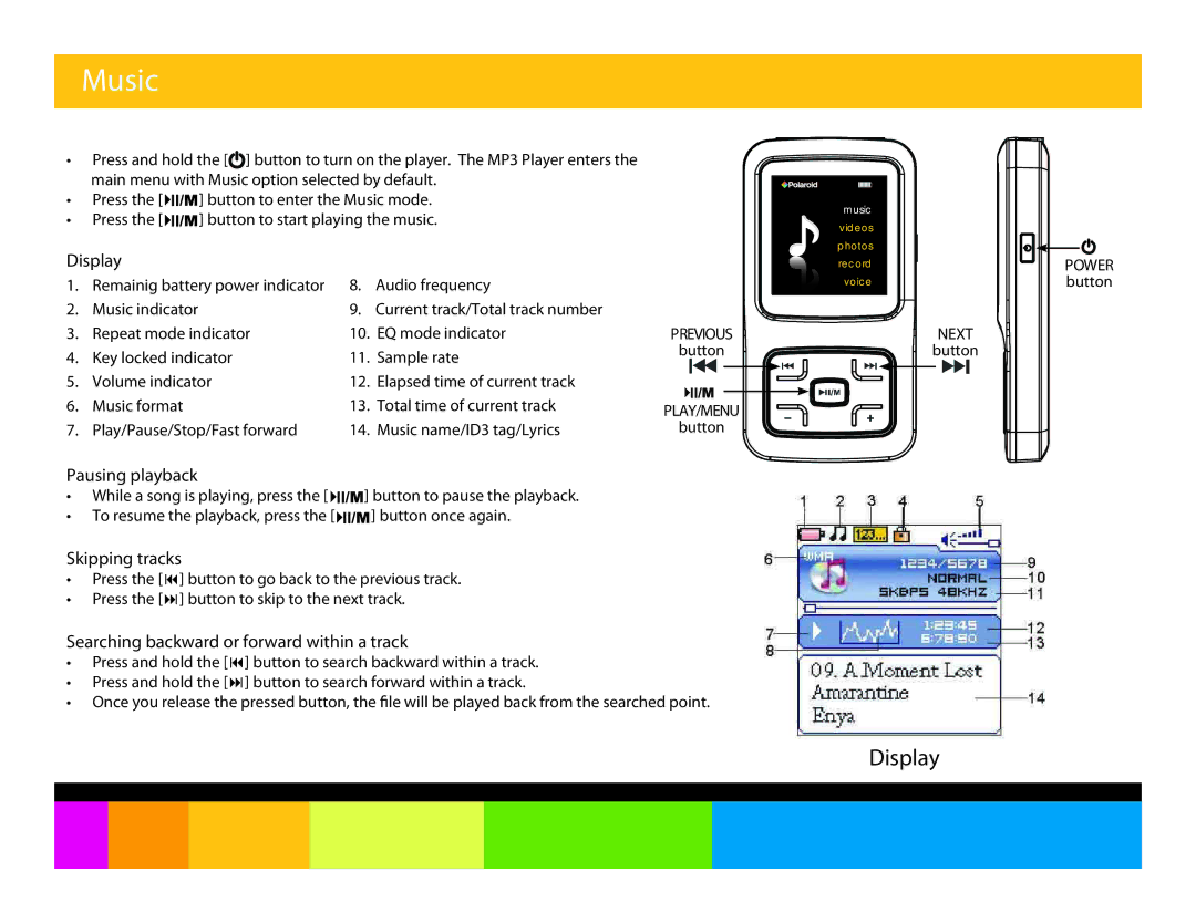 Polaroid PMP150, PMP151 manual Music, Display 