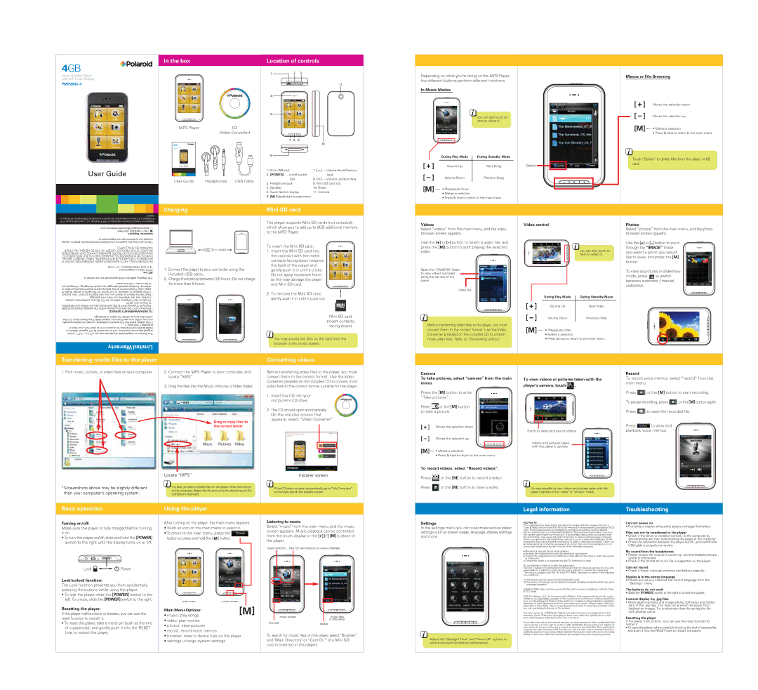 Polaroid PMP280C-4 warranty Warranty Limited Box Location of controls, Charging Mini SD card, Converting videos 