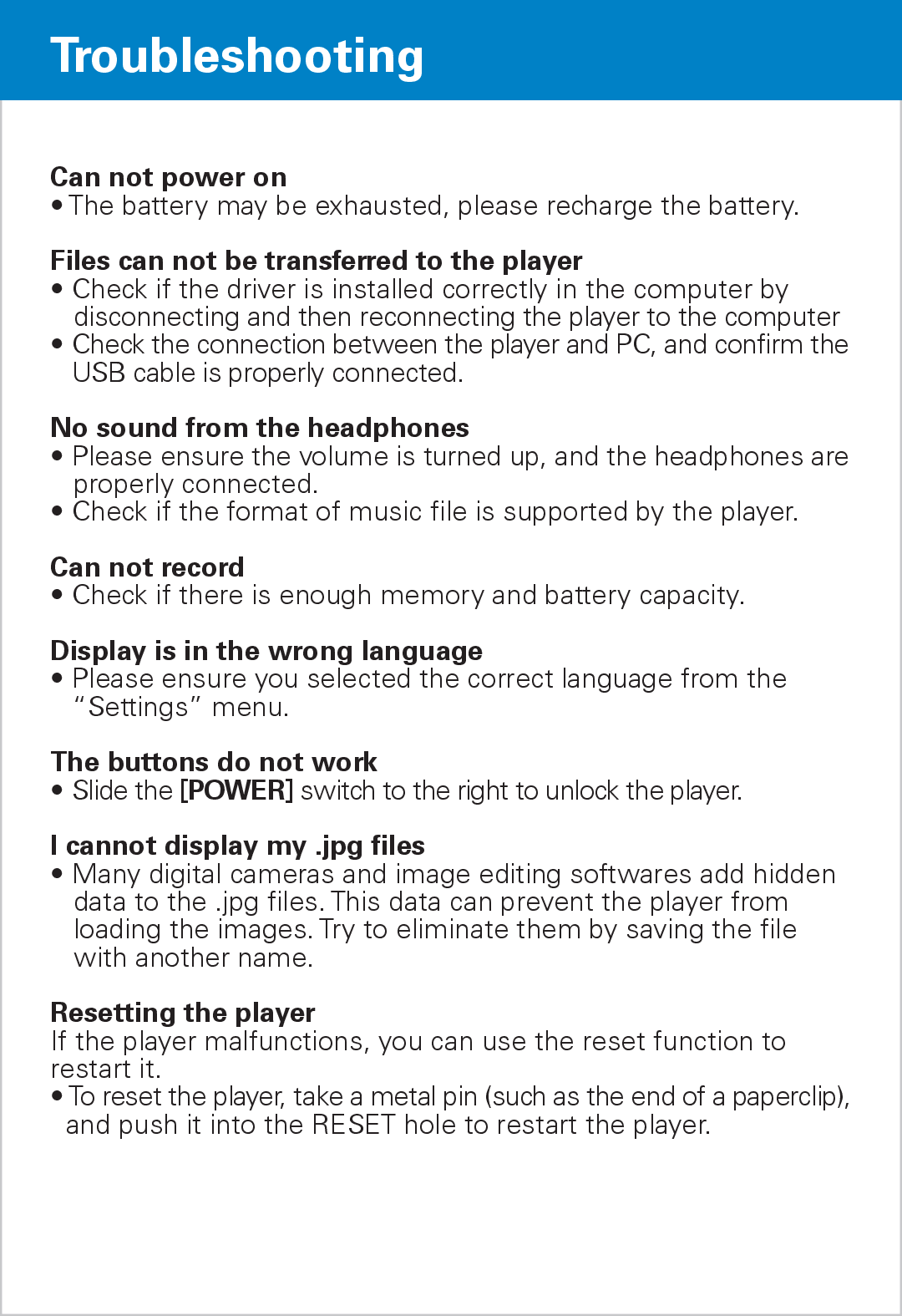 Polaroid PMP281-8 manual Troubleshooting, Files can not be transferred to the player 