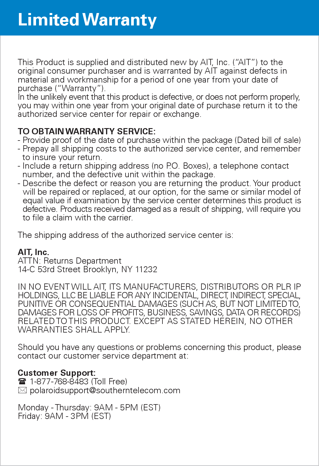 Polaroid PMP281-8 manual Limited Warranty, To Obtain Warranty Service 