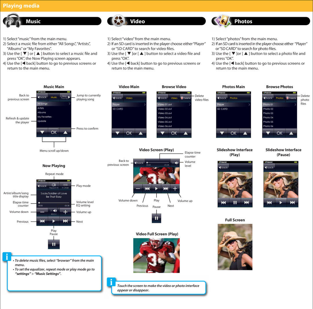 Polaroid PMP282-8 manual Playing media Music Video, Photos 