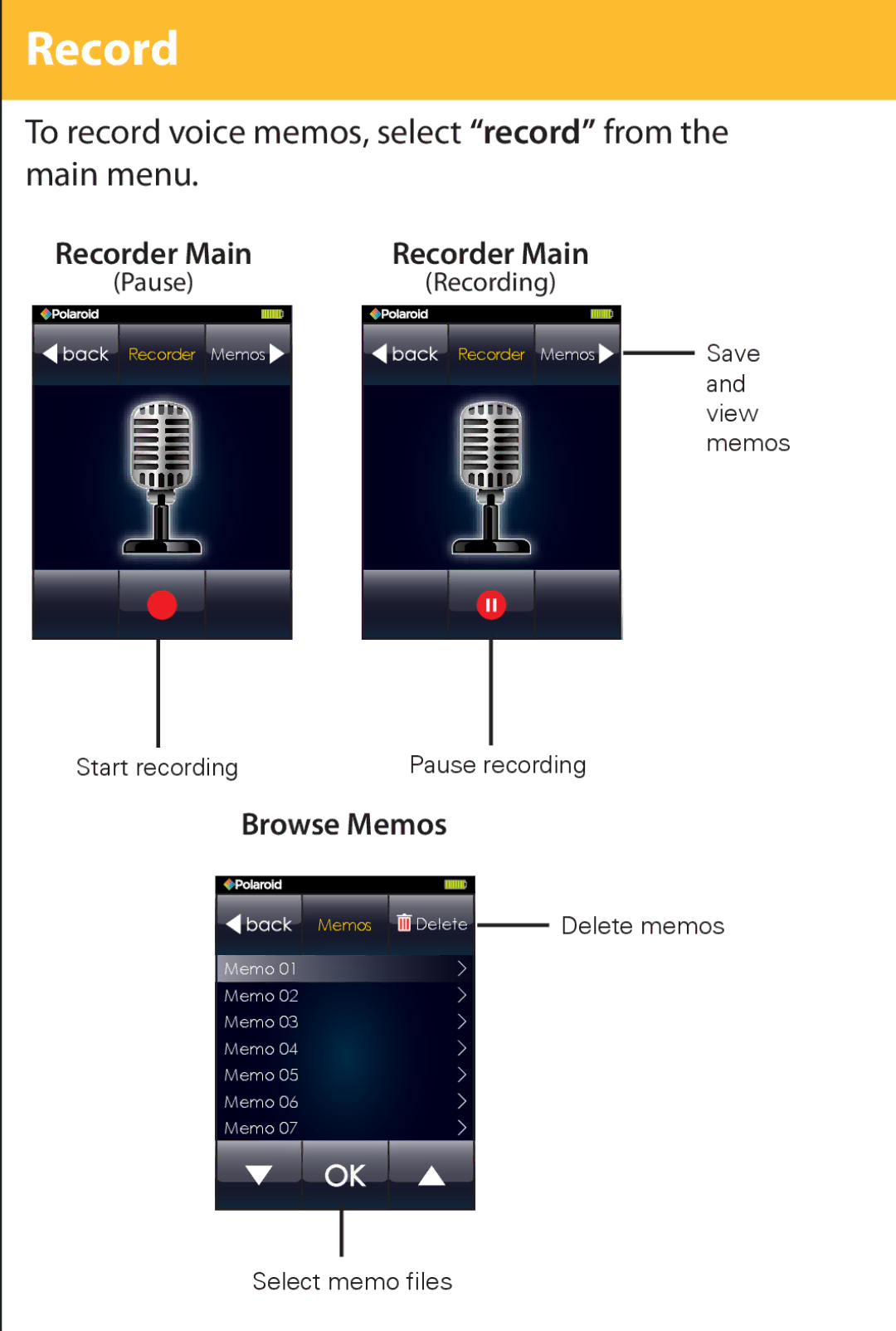 Polaroid PMP282-8 manual Record, To record voice memos, select record from the main menu 