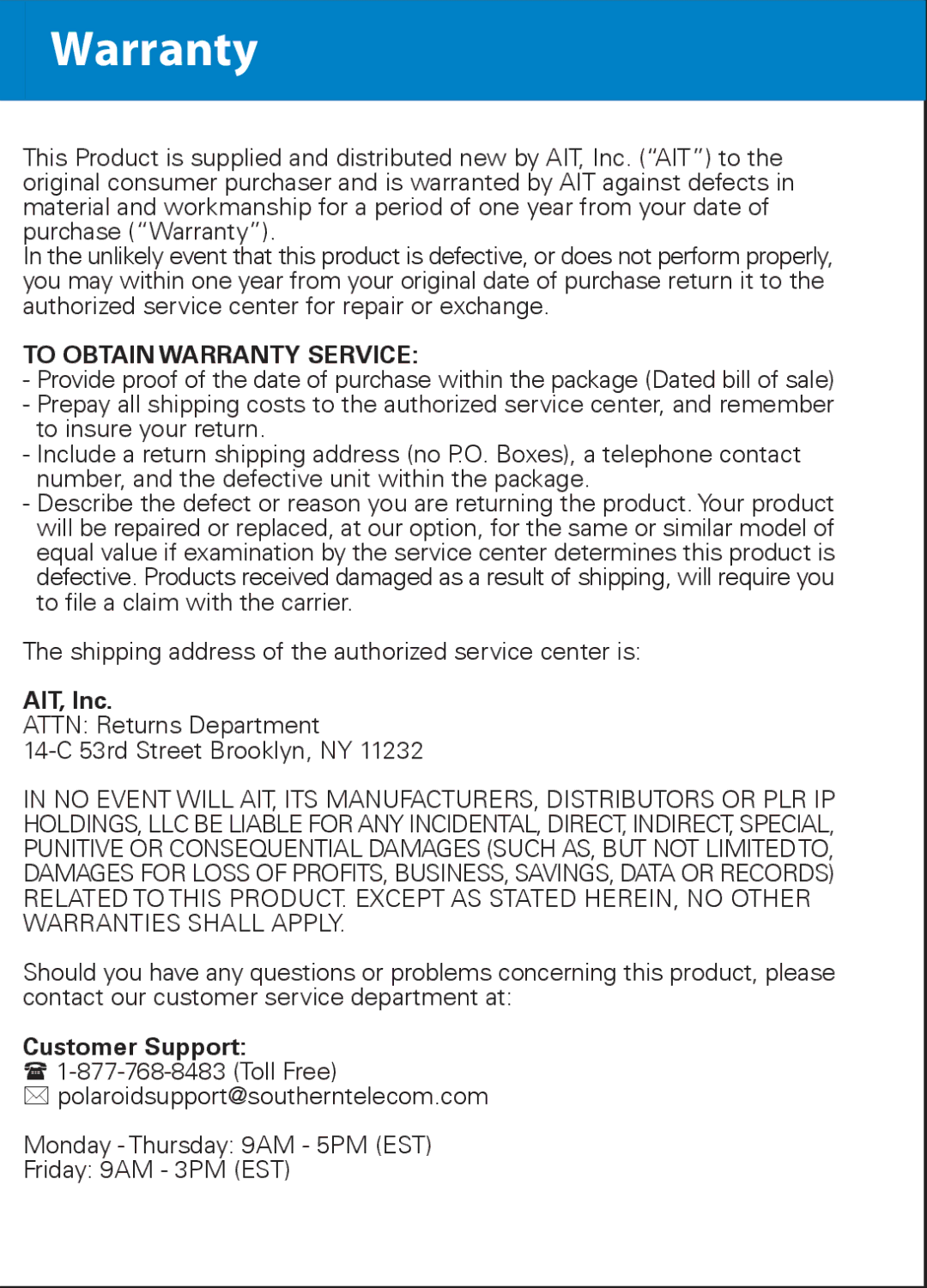 Polaroid PMP282-8 manual To Obtain Warranty Service 