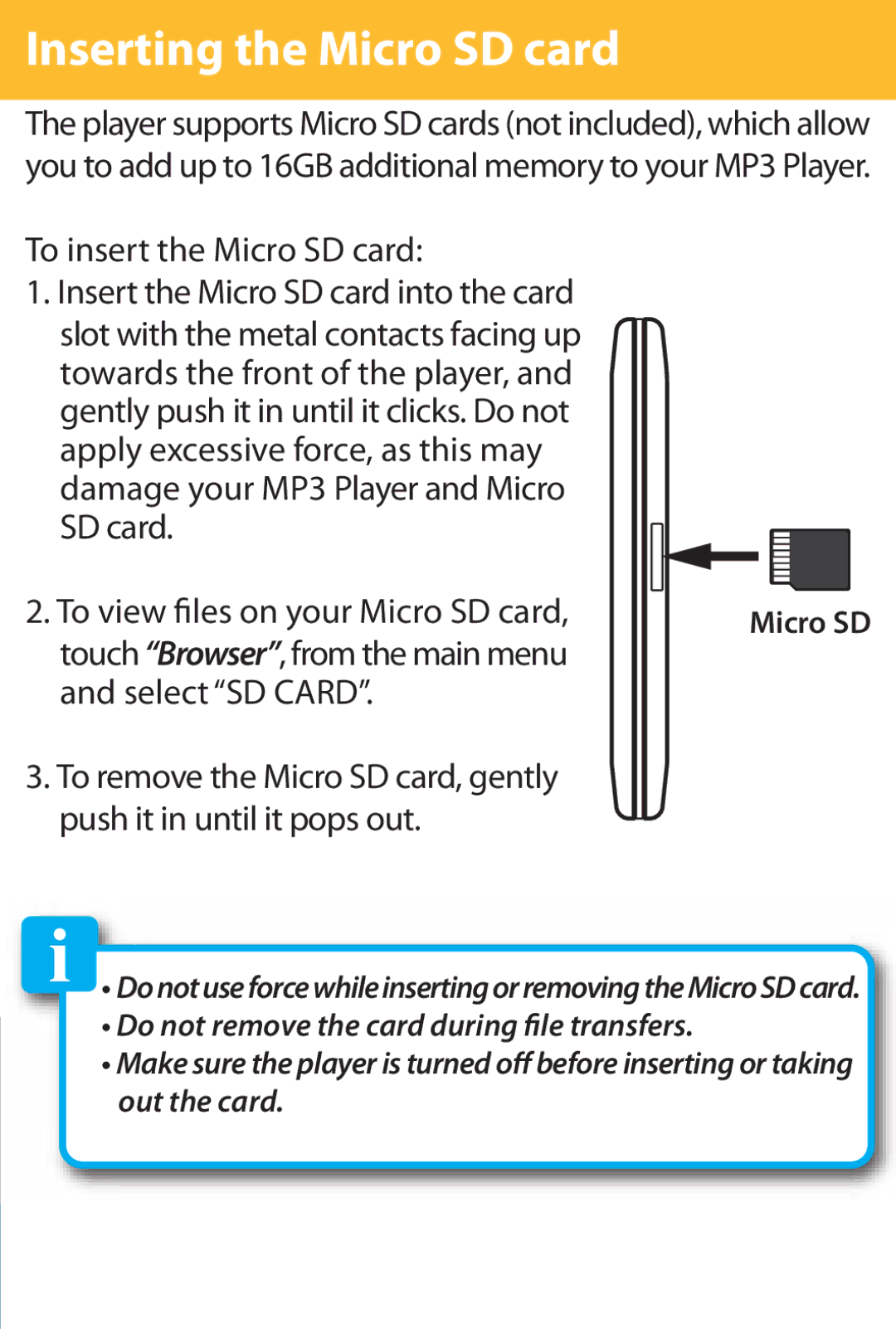 Polaroid PMP282-8 manual Inserting the Micro SD card, To insert the Micro SD card 