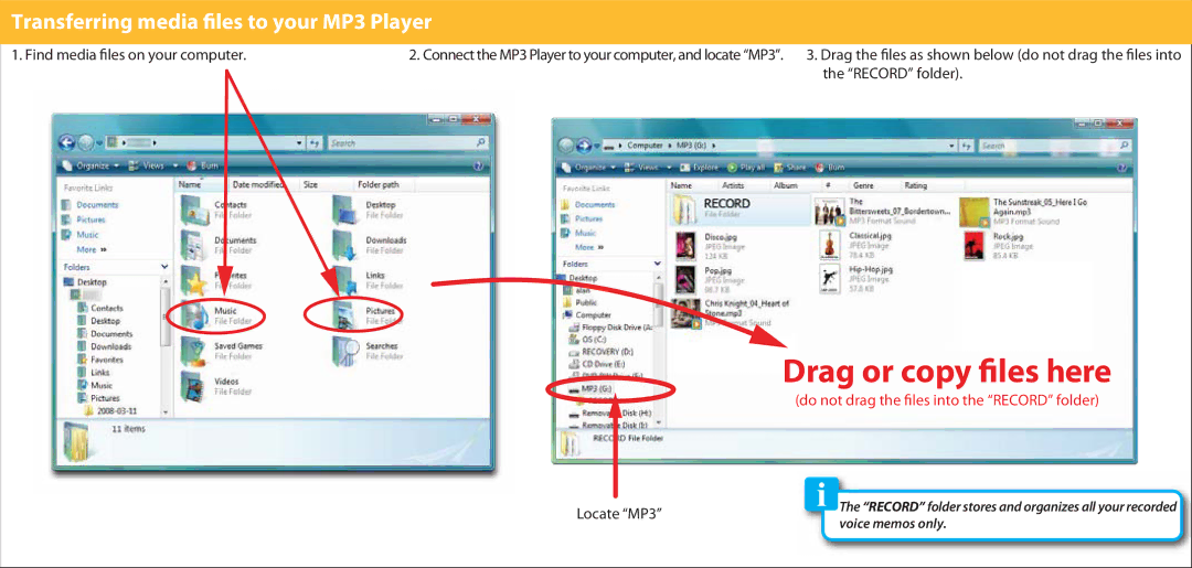 Polaroid PMP282-8 manual Drag or copy les here, Transferring media les to your MP3 Player 