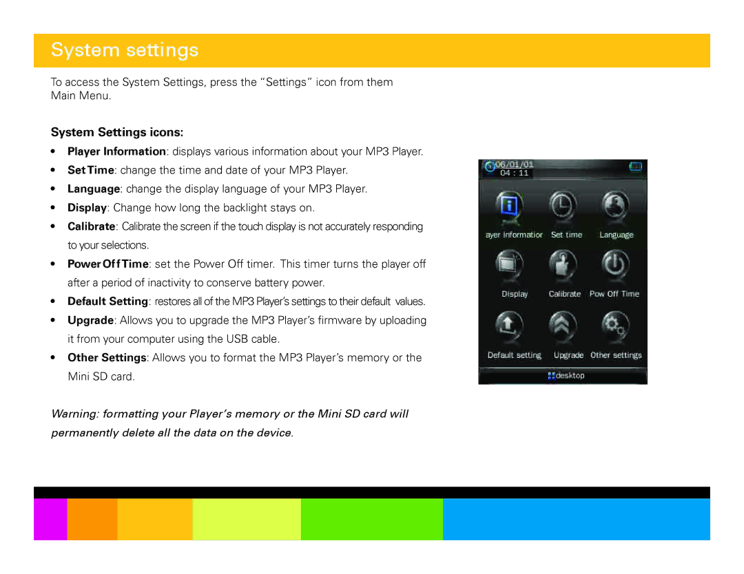 Polaroid PMP283C-4 manual System settings, System Settings icons 