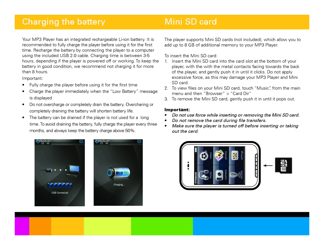 Polaroid PMP283C-4 manual Charging the battery Mini SD card 