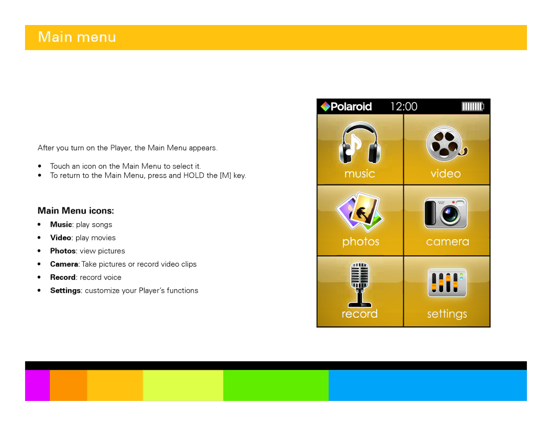 Polaroid PMP283C-4 manual Main menu, Main Menu icons 