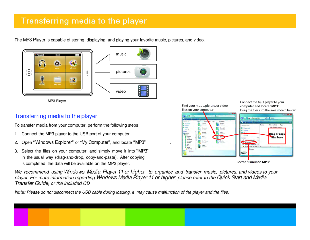 Polaroid PMP350-4 manual Transferring media to the player, Open Windows Explorer or My Computer, and locate MP3 