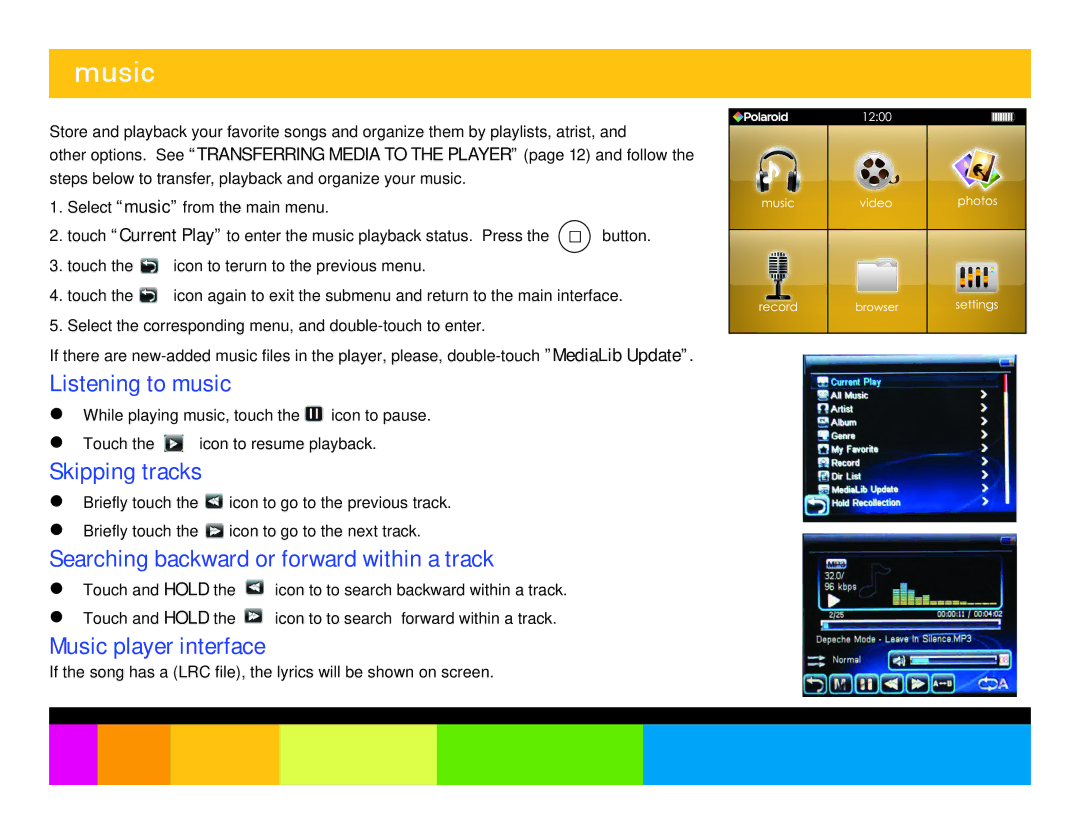 Polaroid PMP350-4 manual Music, Listening to music, Skipping tracks, Searching backward or forward within a track 
