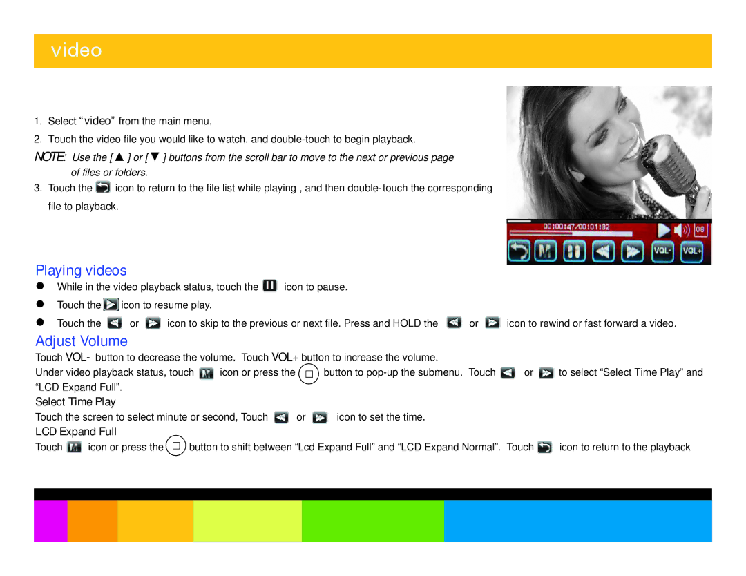 Polaroid PMP350-4 manual Video, Playing videos, Adjust Volume, Select Time Play, LCD Expand Full 