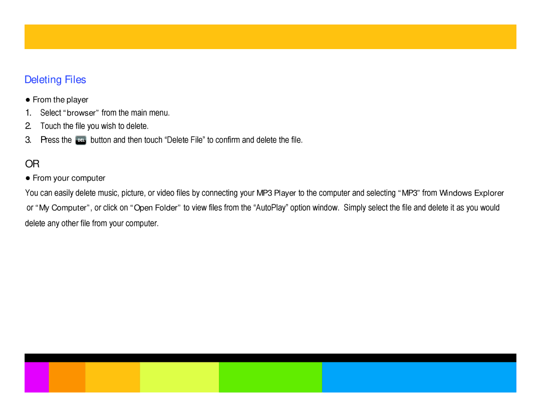 Polaroid PMP350-4 manual Deleting Files, From the player, From your computer 