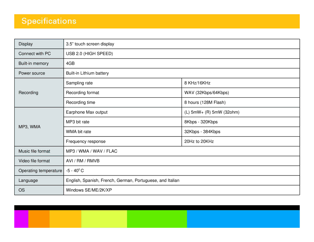 Polaroid PMP350-4 manual Specifications, 4GB 