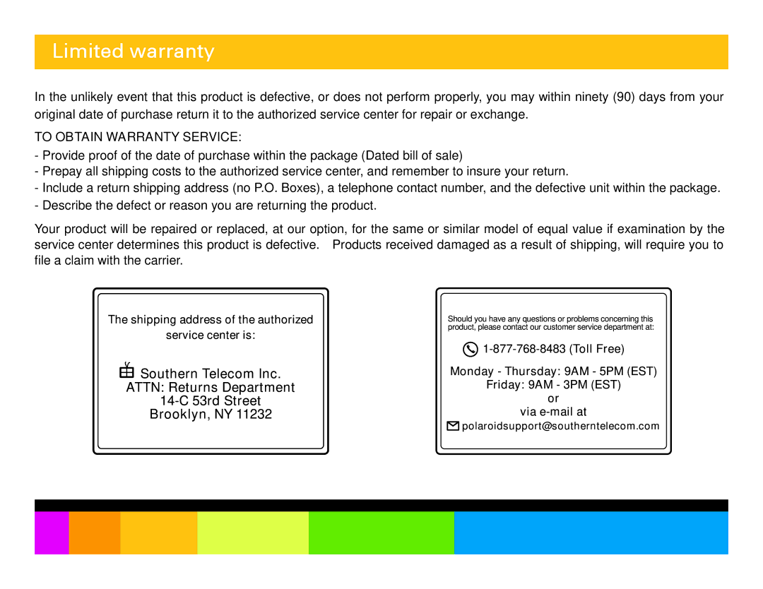 Polaroid PMP350-4 manual Limited warranty, To Obtain Warranty Service 