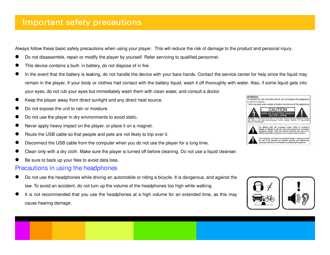 Polaroid PMP350-4 manual Important safety precautions, Precautions in using the headphones 