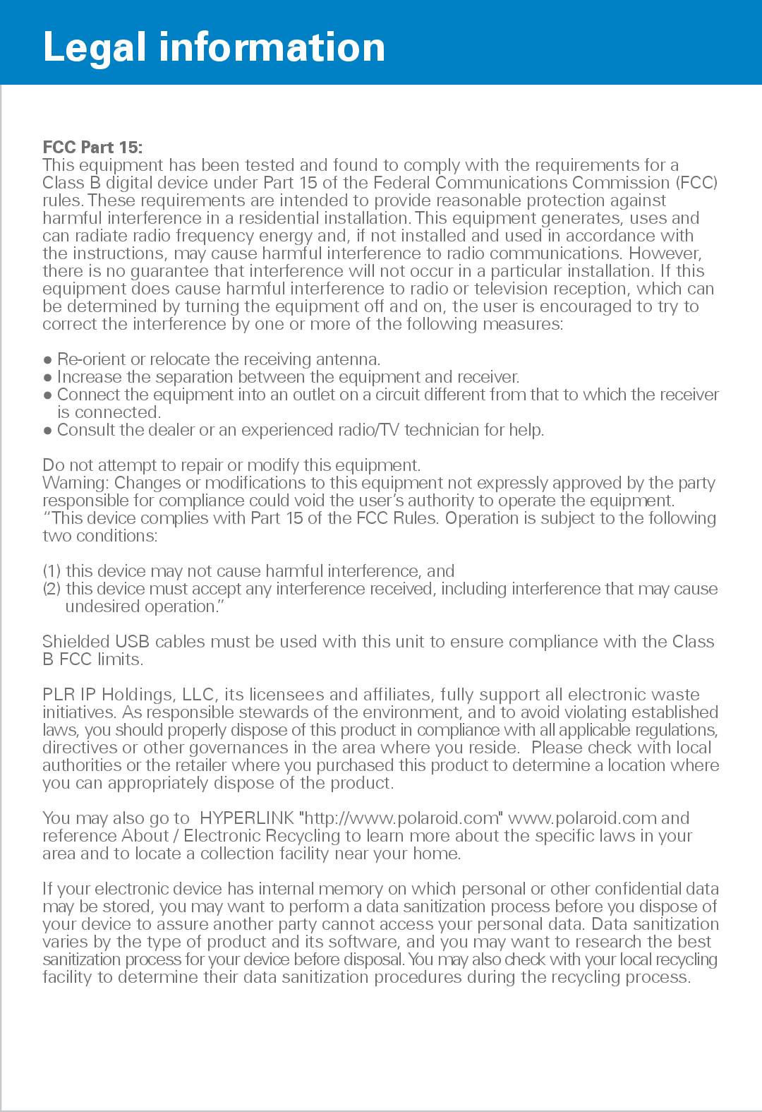 Polaroid PMP430-4 user manual Legal information, FCC Part 