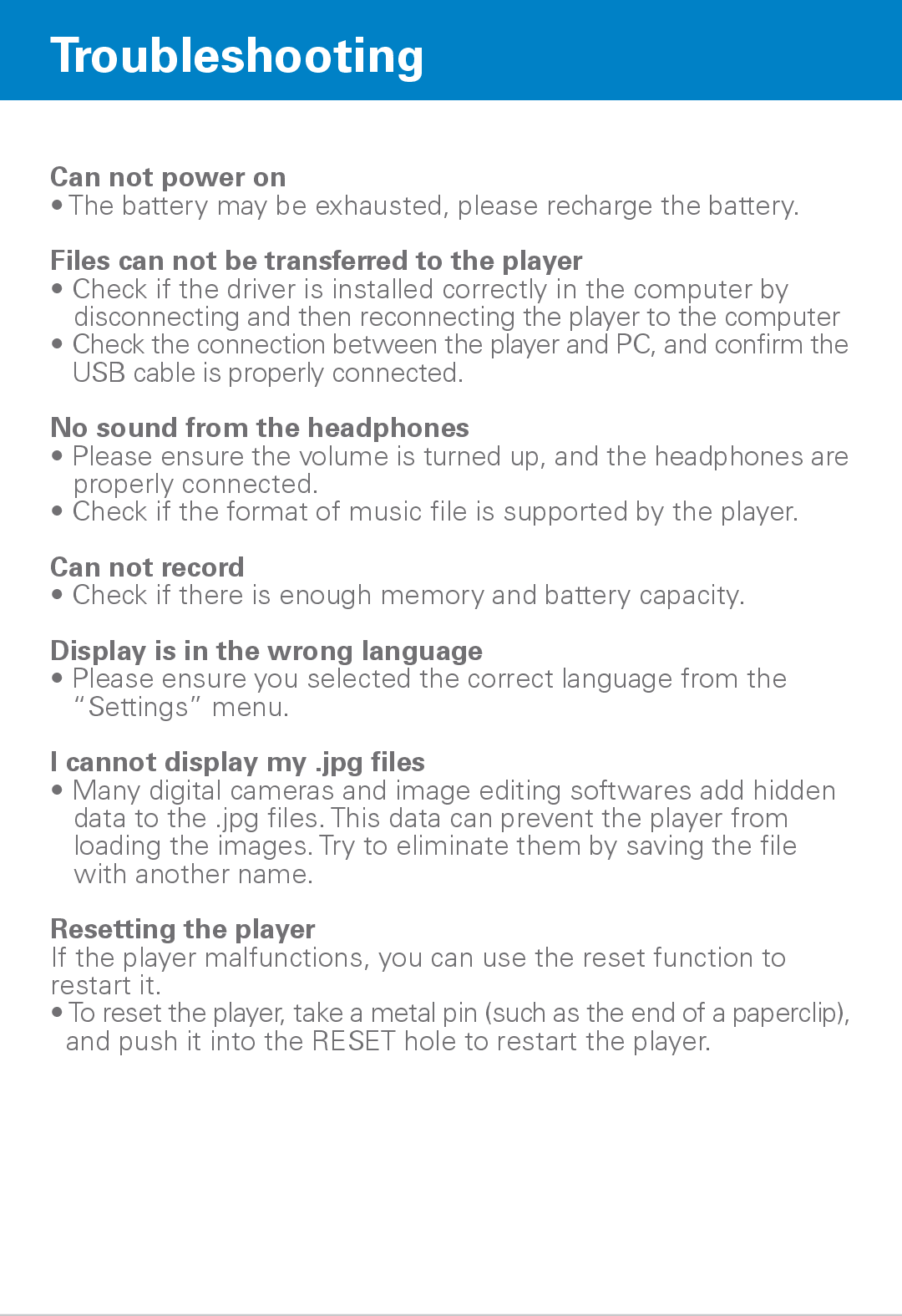 Polaroid PMP430-4 user manual Troubleshooting, Files can not be transferred to the player 