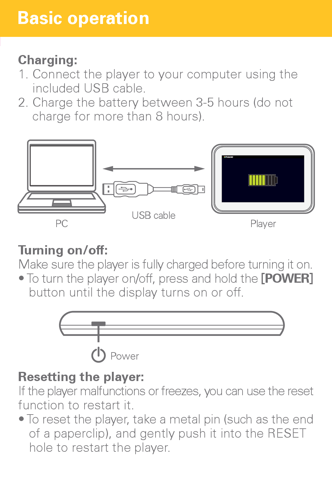 Polaroid PMP430-4 user manual Basic operation, Charging, Turning on/off, Resetting the player 