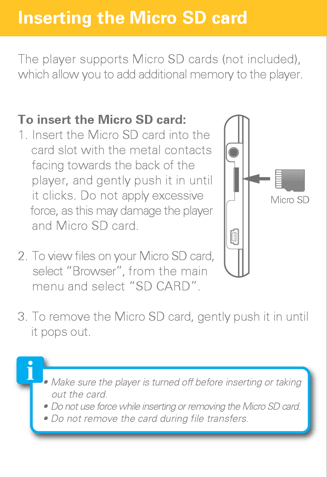 Polaroid PMP430-4 user manual Inserting the Micro SD card, To insert the Micro SD card 